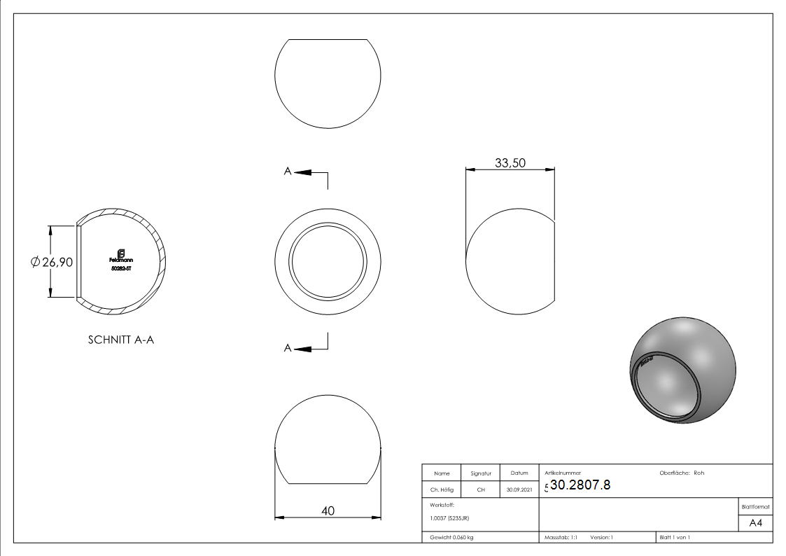Bille d'extrémité Ø 40 mm | pour Ø 26.9 mm| Acier S235JR, brut