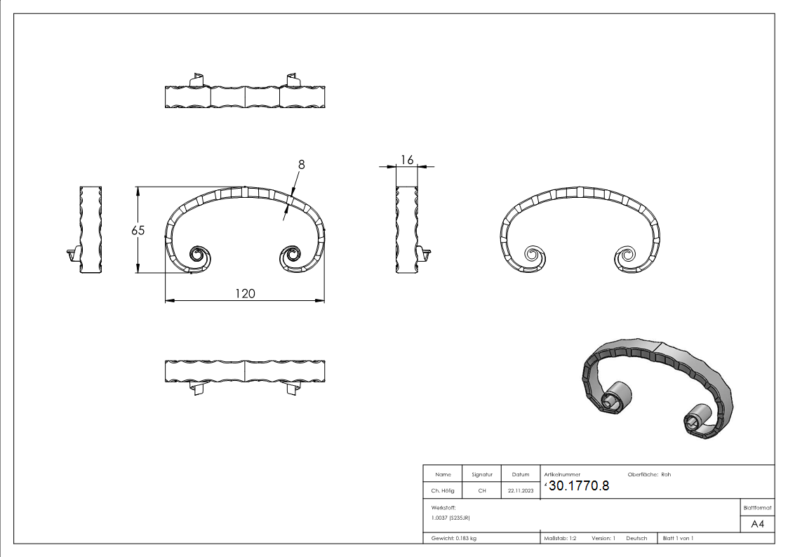 Maître baroque | Dimensions : 120x65 mm | Matériau : 16x8 mm | Acier S235JR, brut