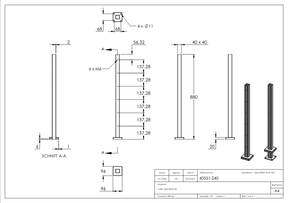 Poteau en acier inoxydable V2A pour montage au sol, longueur 880 mm