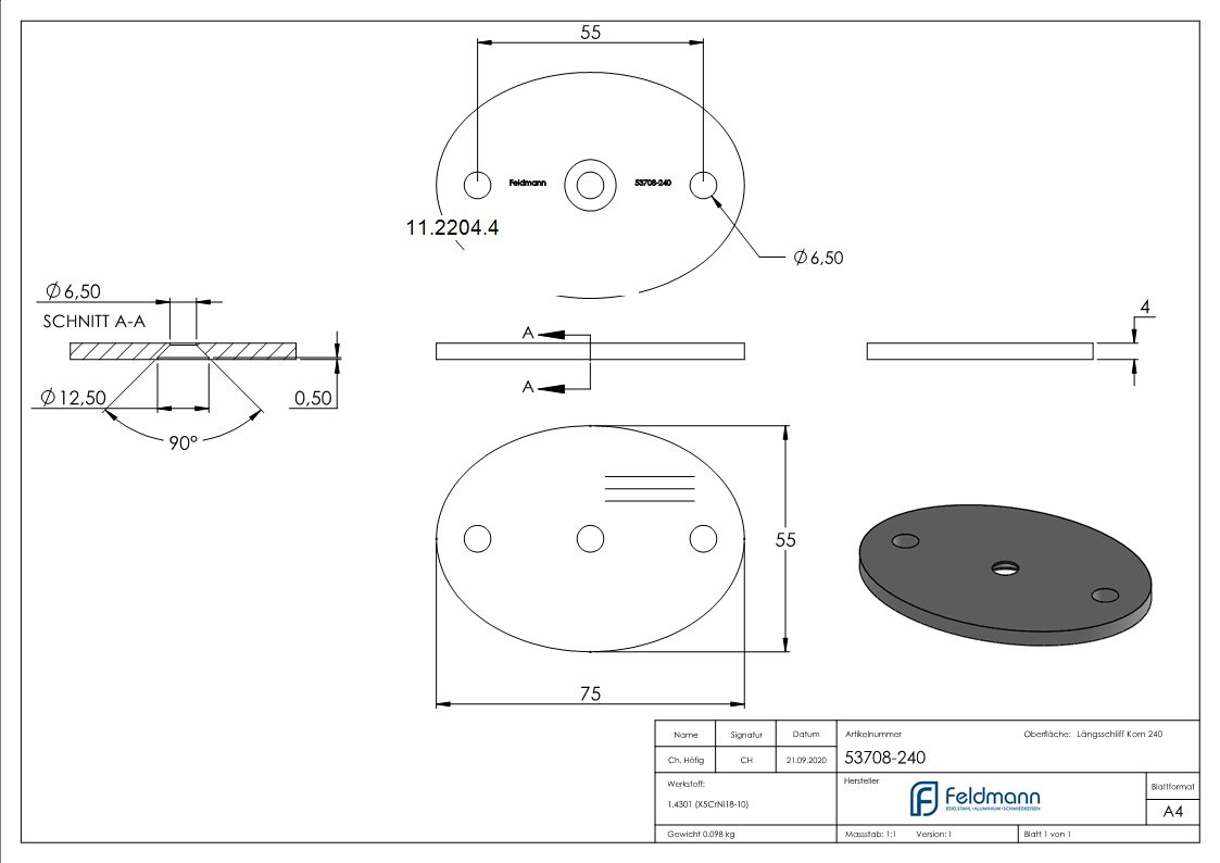 Plaque d'ancrage | dimensions : 75 x 55 x 4 mm | avec trou de centrage : Ø 10 mm | V2A