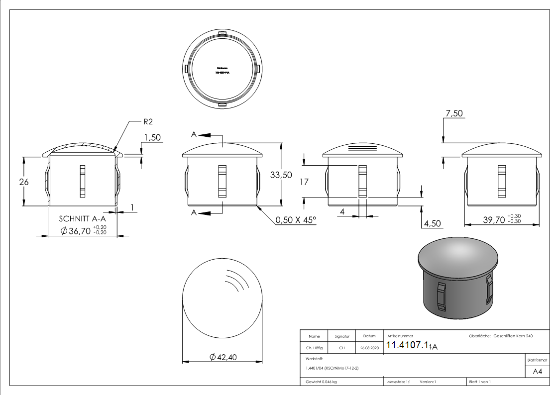 Bouchon légèrement bombé V4A coulé pour Ø 42.4x2.0-2.6 mm
