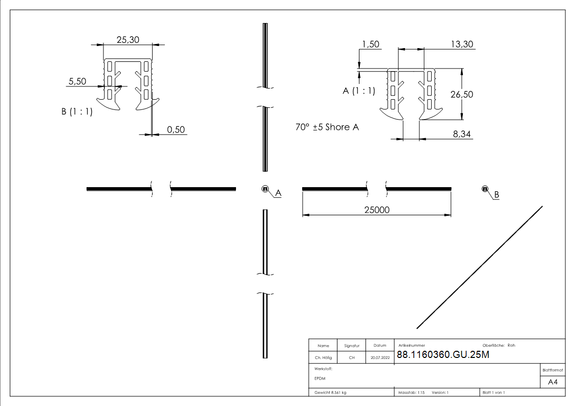 Joint de coin verre 8,00 - 10,76mm, pour rainure 24 x 24mm, longueur 25m, EPDM
