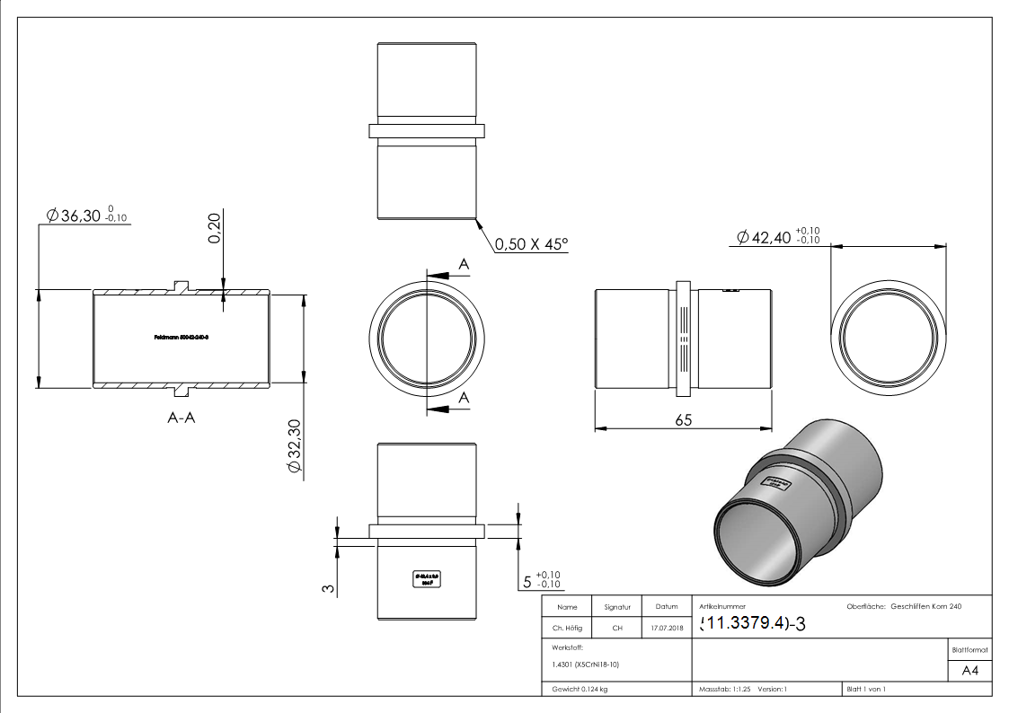 Connecteur court pour tube rond | Dimensions : Ø 42.4x3.0 mm | V2A
