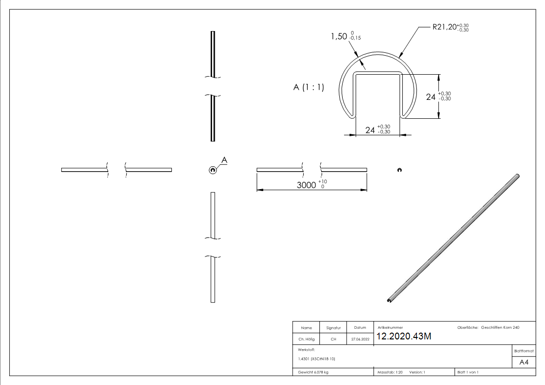 Tube rainuré | Ø 42.4x1.5 mm | avec rainure : 24x24 mm | longueur : 3000 mm | V2A