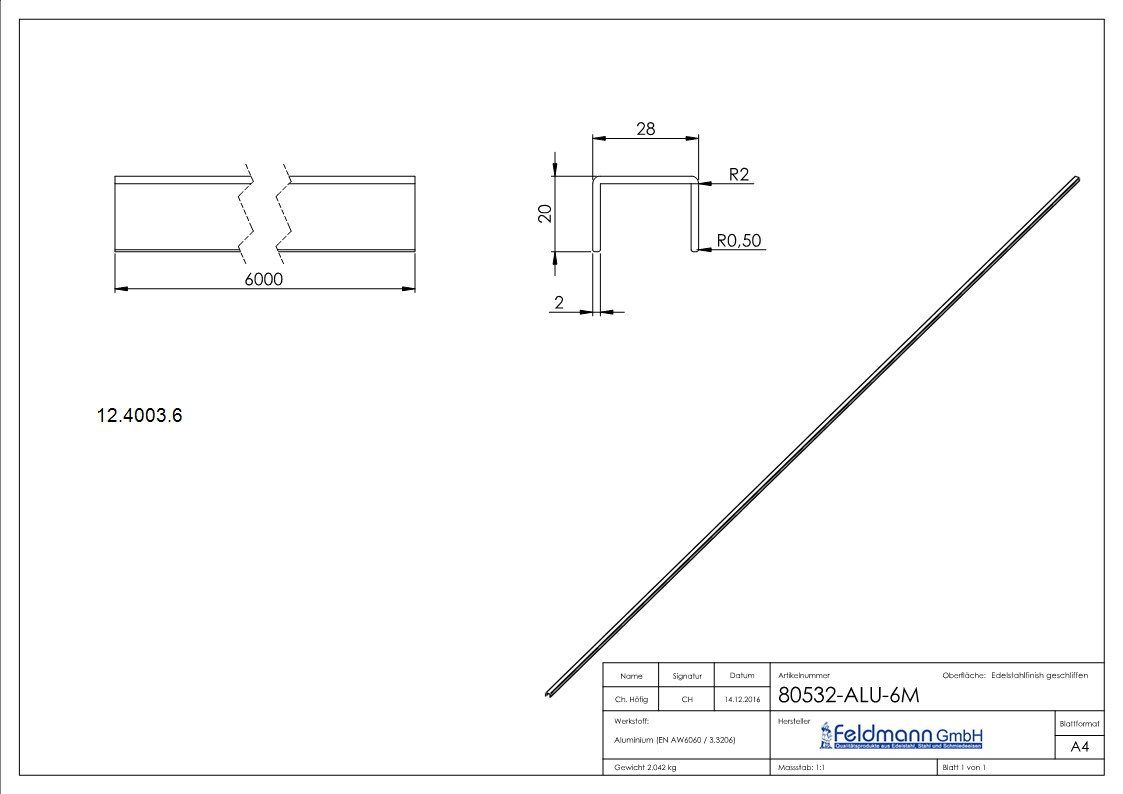 Profil en U | dimensions : 28x20x2 mm | longueur : 6000 mm | aluminium elox. E4/EV1