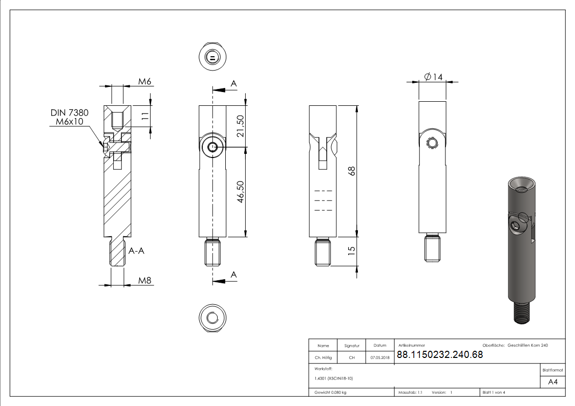 Goupille d'articulation Ø 14mm, longueur : 68mm, V2A