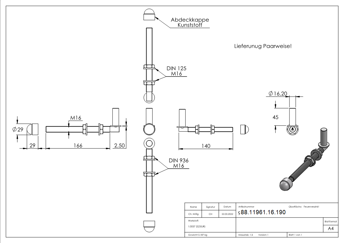 Bande de suspension charnière de porte à visser pour Ø 16mm, longueur 190mm