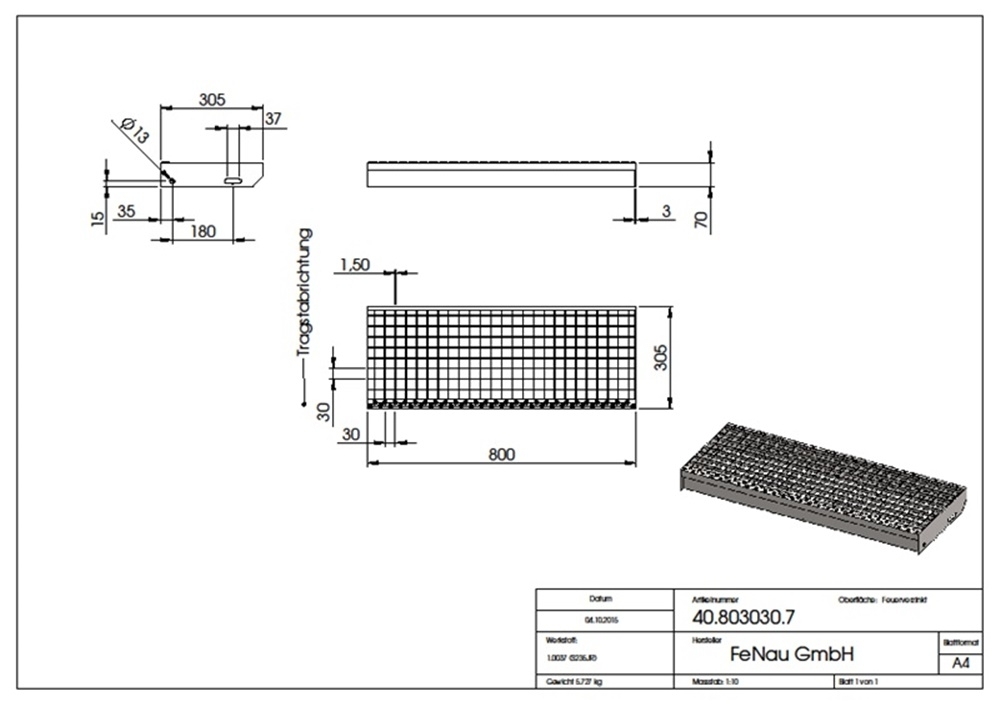 Marche en caillebotis Marche d'escalier | Dimensions : 800x305 mm 30/30 mm | S235JR (St37-2), galvanisé à chaud en bain complet