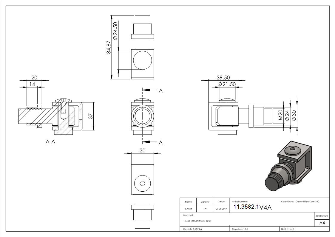 Charnière de portail | M20 | à souder | réglable | V4A