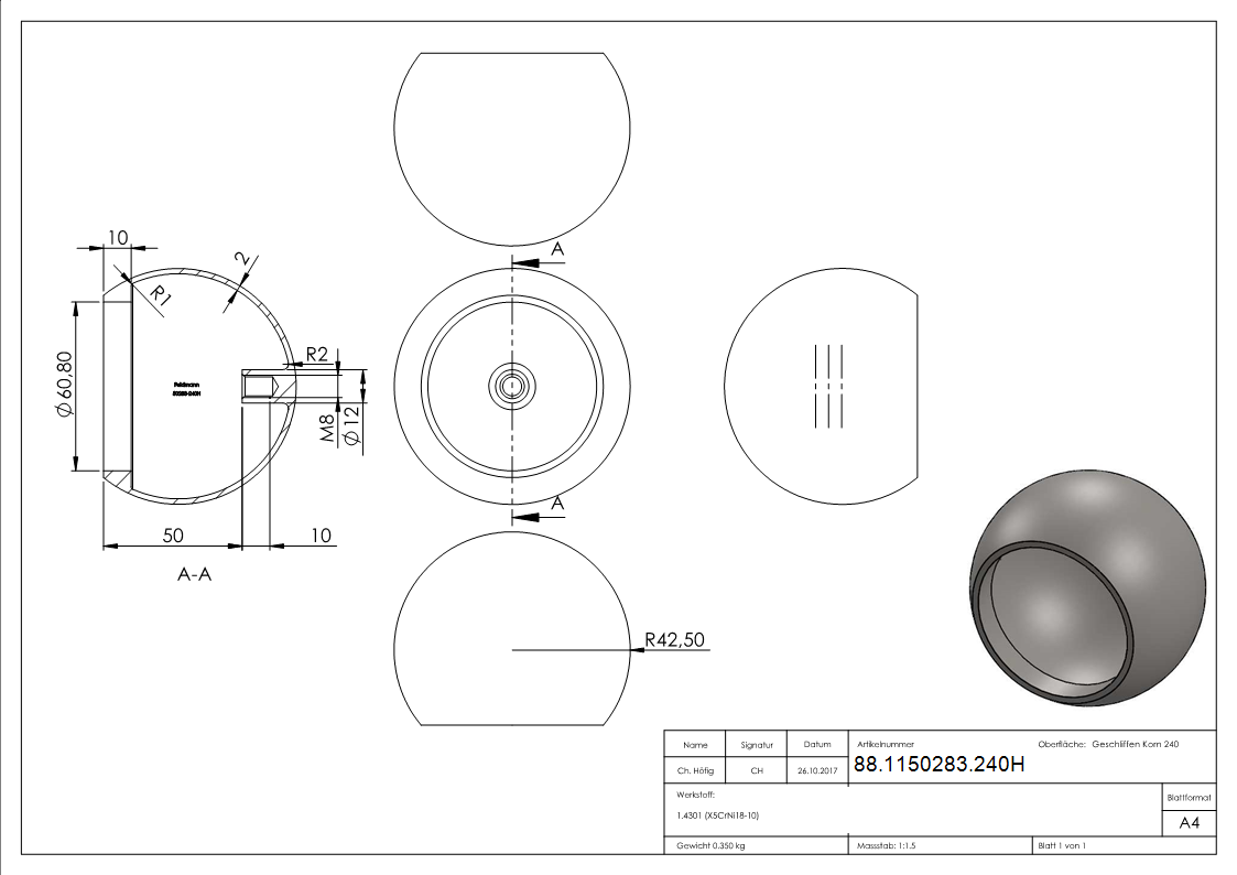 Boule d'extrémité creuse pour tube de 60,3mm, avec M8