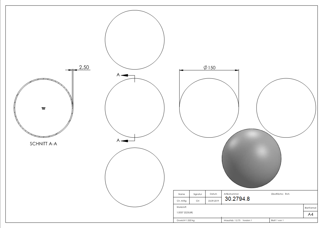 Boule creuse | Ø 150 mm | Acier S235JR, brut