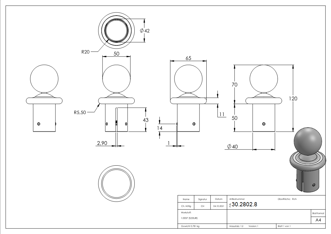 Bouton de tube à bille pour Ø 48.3x2.5-2.9 mm | Acier S235JR, brut