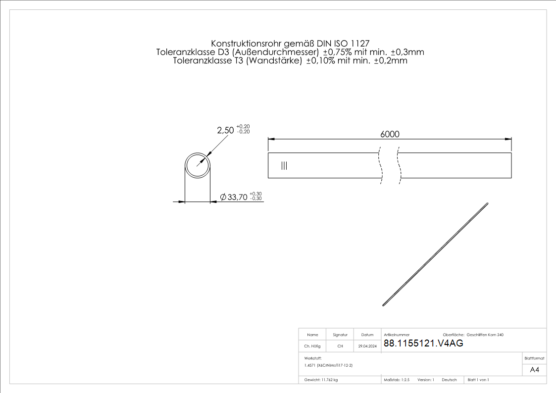 Tube en acier inoxydable V4A recuit 33,7 x 2,5mm, L=6m