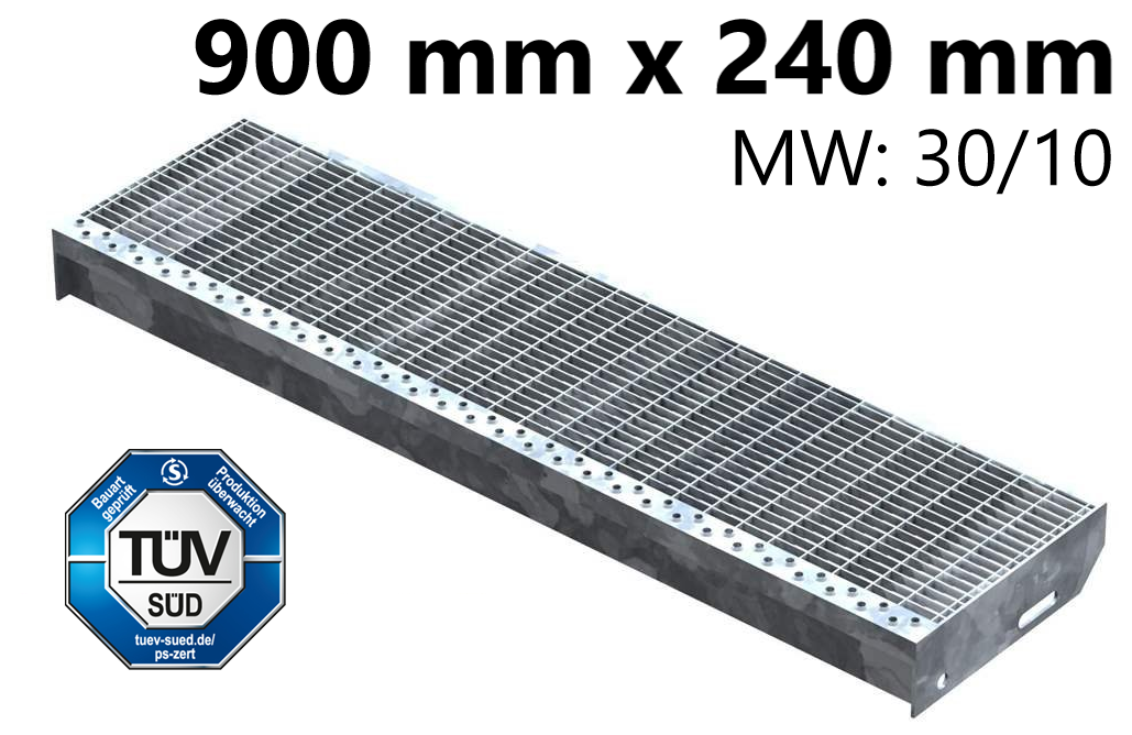 Marche en caillebotis Marche d'escalier | Dimensions : 900x240 mm 30/10 mm | S235JR (St37-2), galvanisé à chaud en bain complet