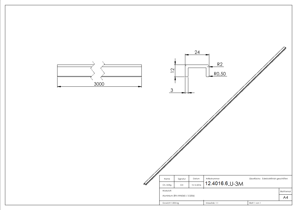 protection des bords | dimensions : 24x12x3 mm | longueur : 3000 mm | aluminium elox. E4/EV1