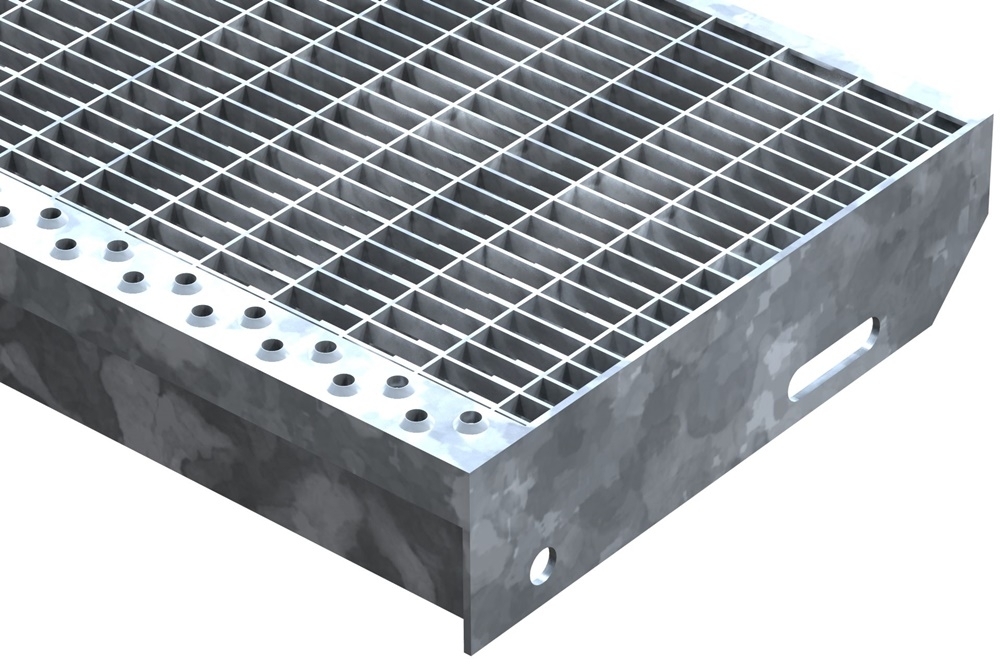 Marche en caillebotis Marche d'escalier | Dimensions : 900x270 mm 30/10 mm | S235JR (St37-2), galvanisé à chaud en bain complet