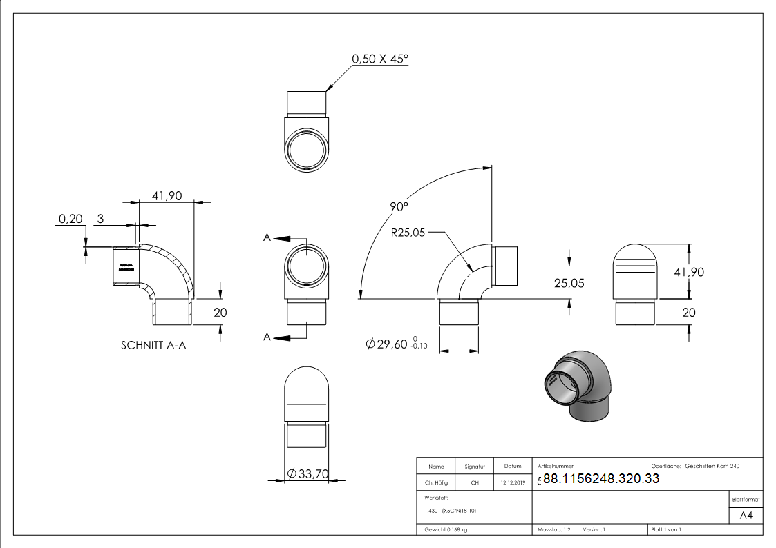 Coude 90° étroit, pour tube 33.7 x 2.0mm