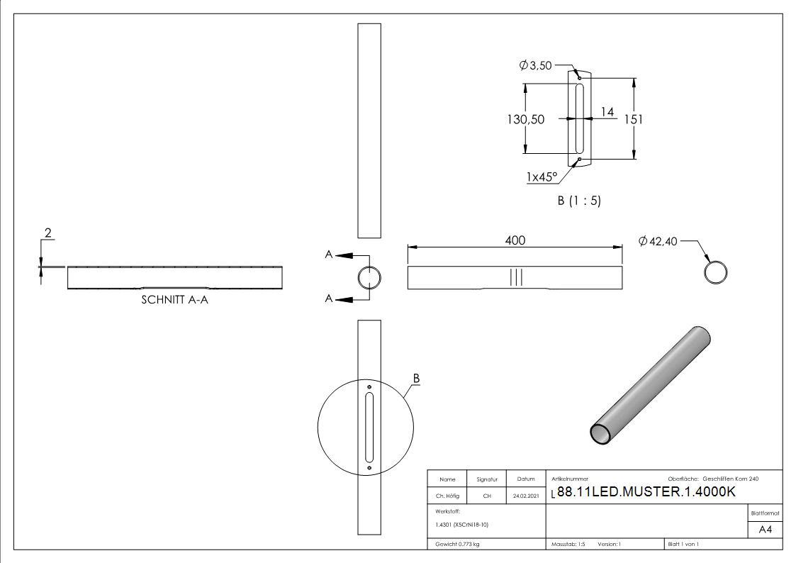 Modèle de main courante à LED incl. 1x LED 4000 K