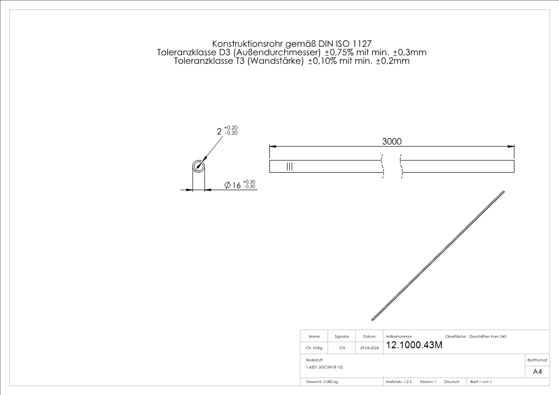Tube rond Ø 16.0 x 2.0 mm á 3 m