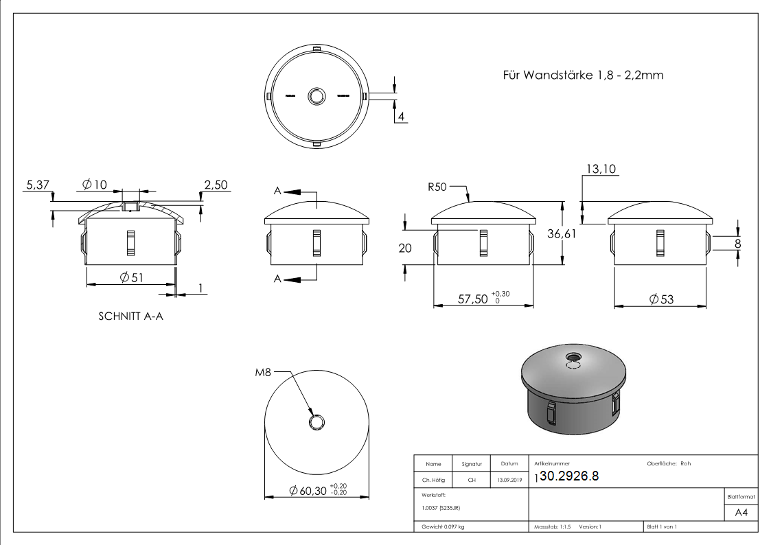 Bouchon en acier | légèrement courbé | avec M8 | pour tube rond Ø 60.3x1.8-2.2 mm | acier S235JR, brut