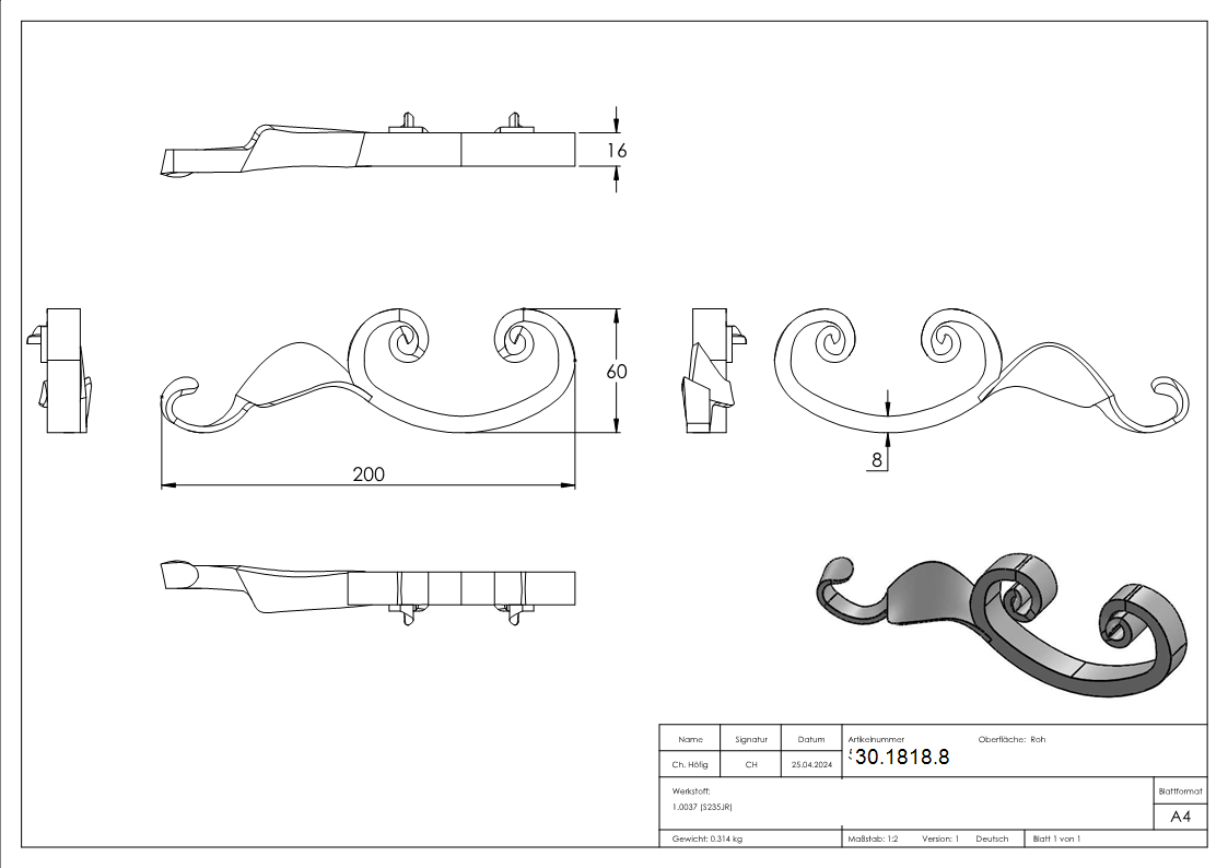 Baroque lourd | droite | dimensions : 60x200 mm | acier S235JR, brut