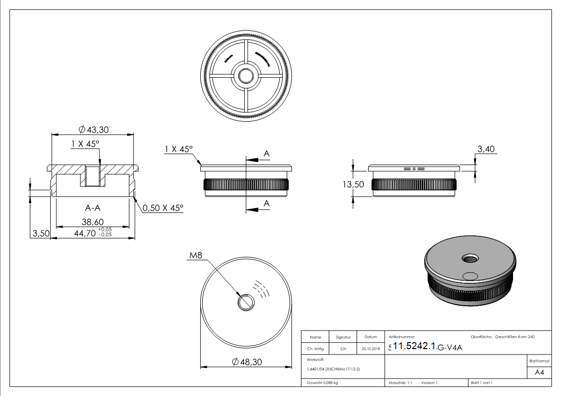 Bouchon plat V4A coulé avec M8 pour Ø 48,3x2,0 mm
