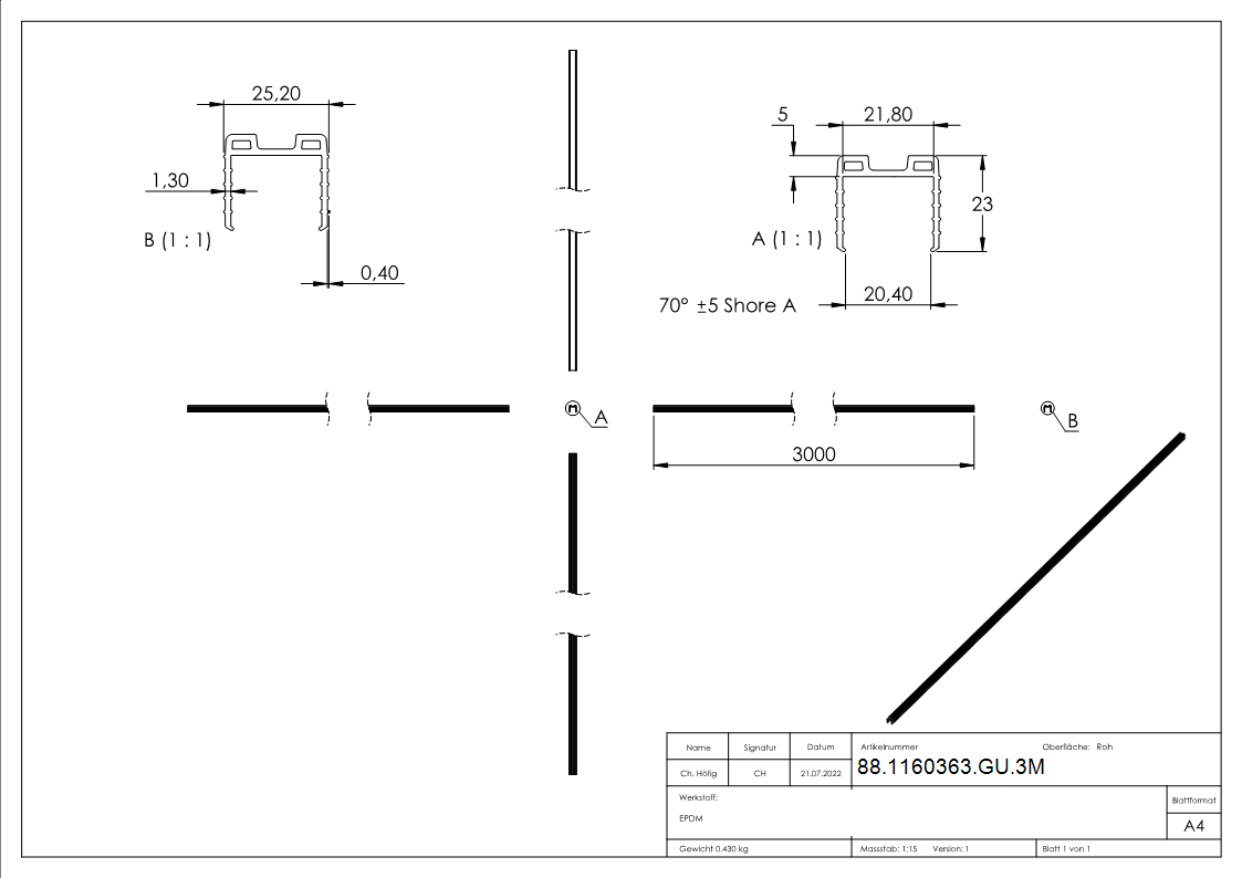 Joint à coin verre 20,76 - 21,52mm, pour rainure 24 x 24mm, longueur 3m, EPDM
