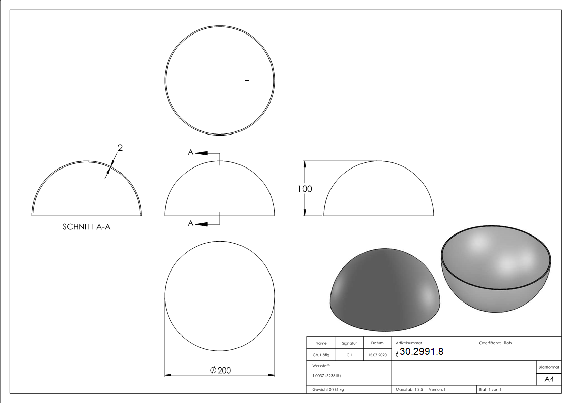 Boule semi creuse Ø 200 mm | lisse | acier S235JR, brut
