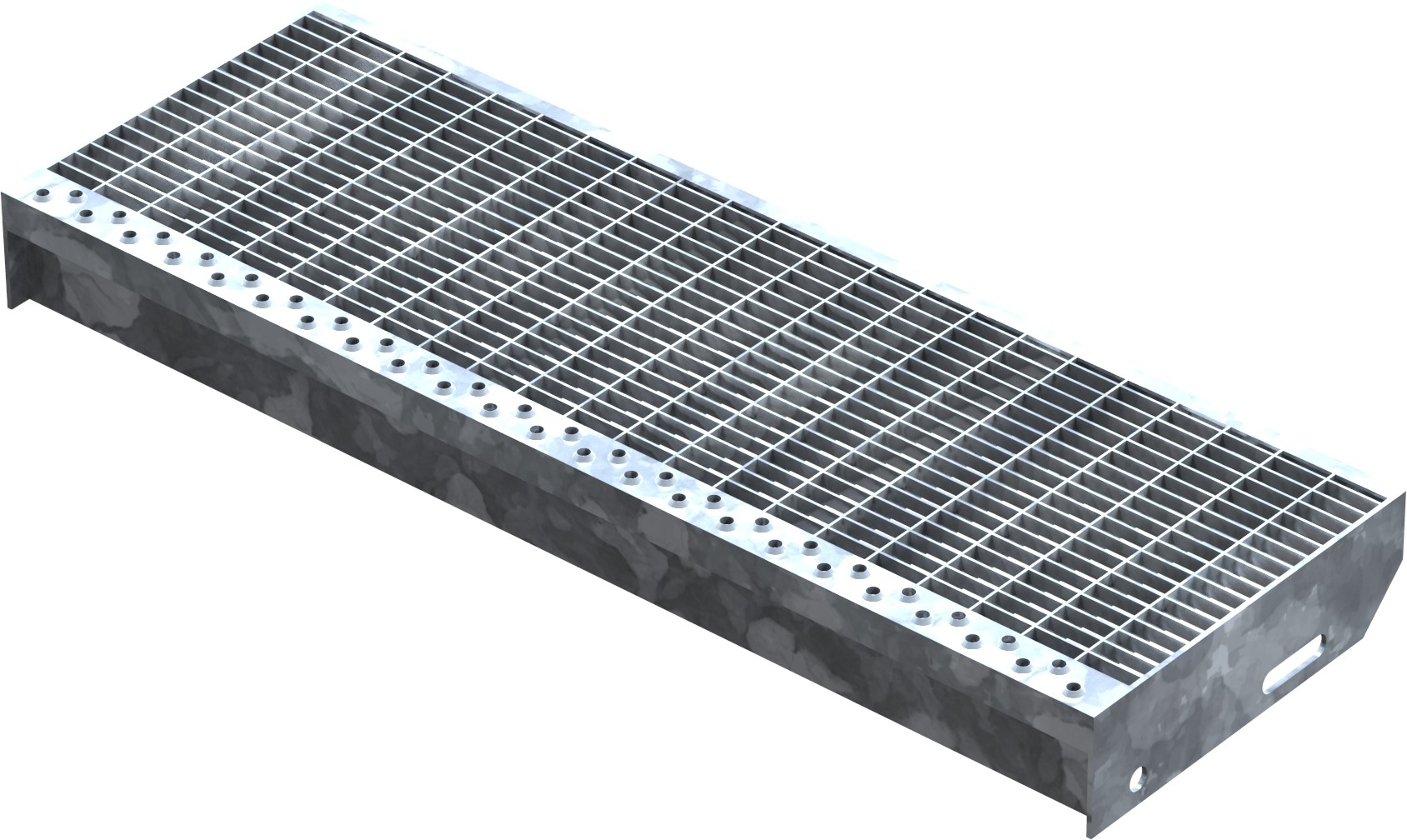 Marche en caillebotis Marche d'escalier | Dimensions : 700x240 mm 30/10 mm | S235JR (St37-2), galvanisé à chaud en bain complet