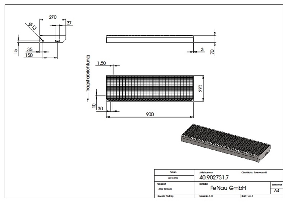 Marche en caillebotis Marche d'escalier | Dimensions : 900x270 mm 30/10 mm | S235JR (St37-2), galvanisé à chaud en bain complet