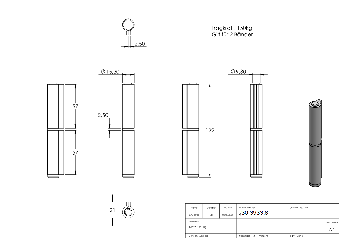 Sangle à souder | 2 pièces | Capacité de charge : 350kg | Acier S235JR, brut
