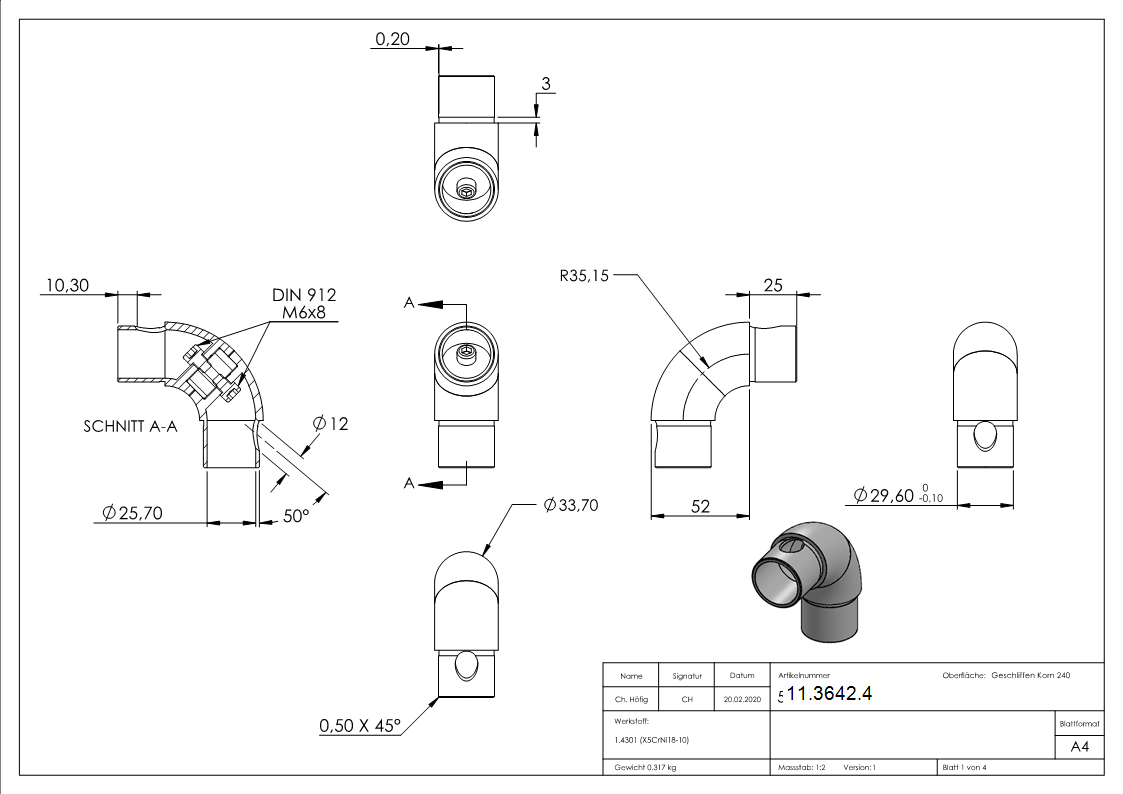Coude réglable, pour tube rond Ø 33,7x2,0 mm V2A