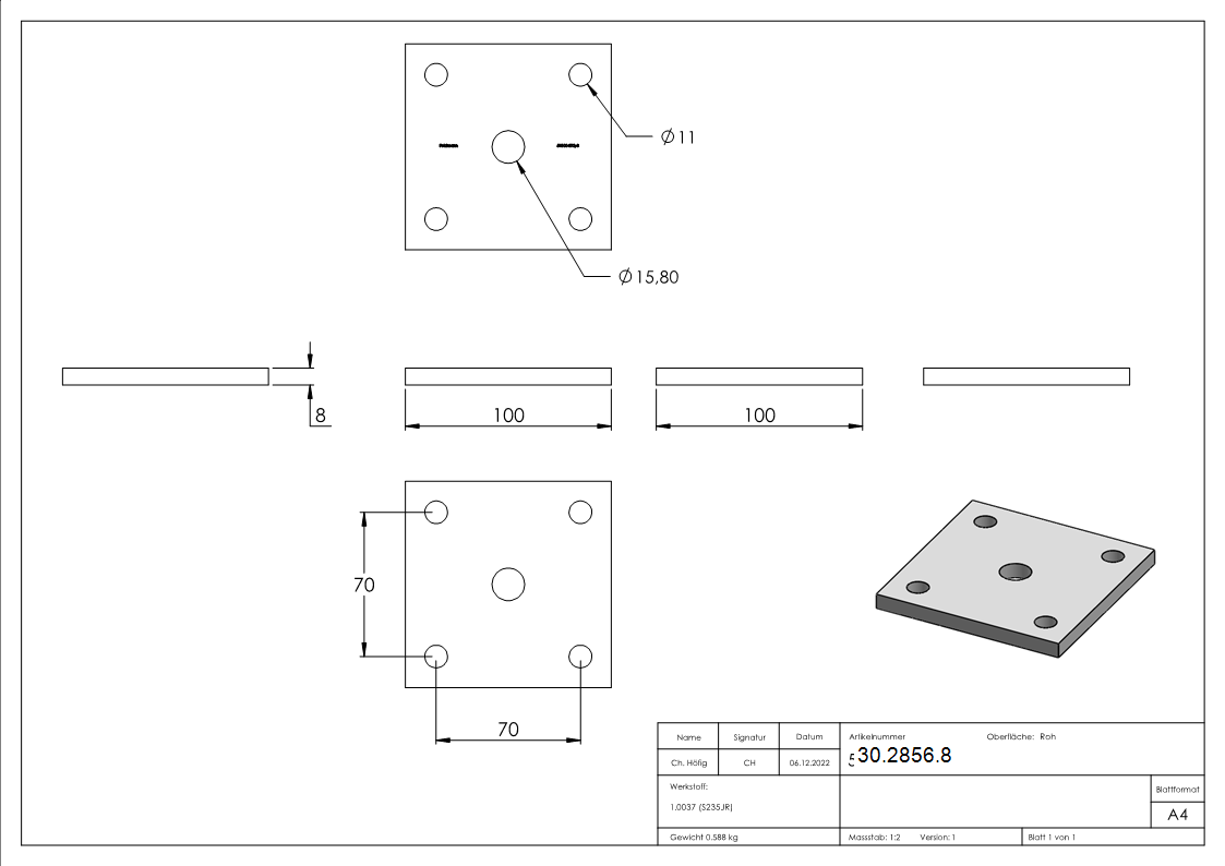 Plaque d'ancrage | Dimensions : 100x100x8 mm | Acier (brut) S235JR