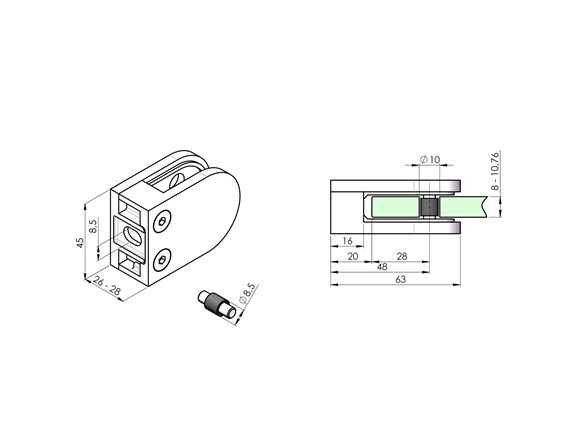Pince à verre 63x45x28 mm V2A pour connexion plate | caoutchouc 8.00 mm verre