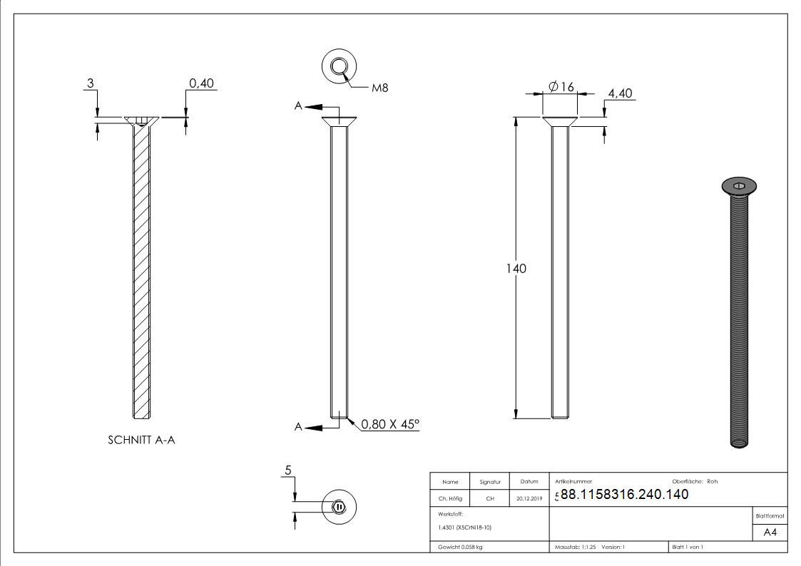 Vis à tête fraisée M8 x 140, A2, ISO 10642