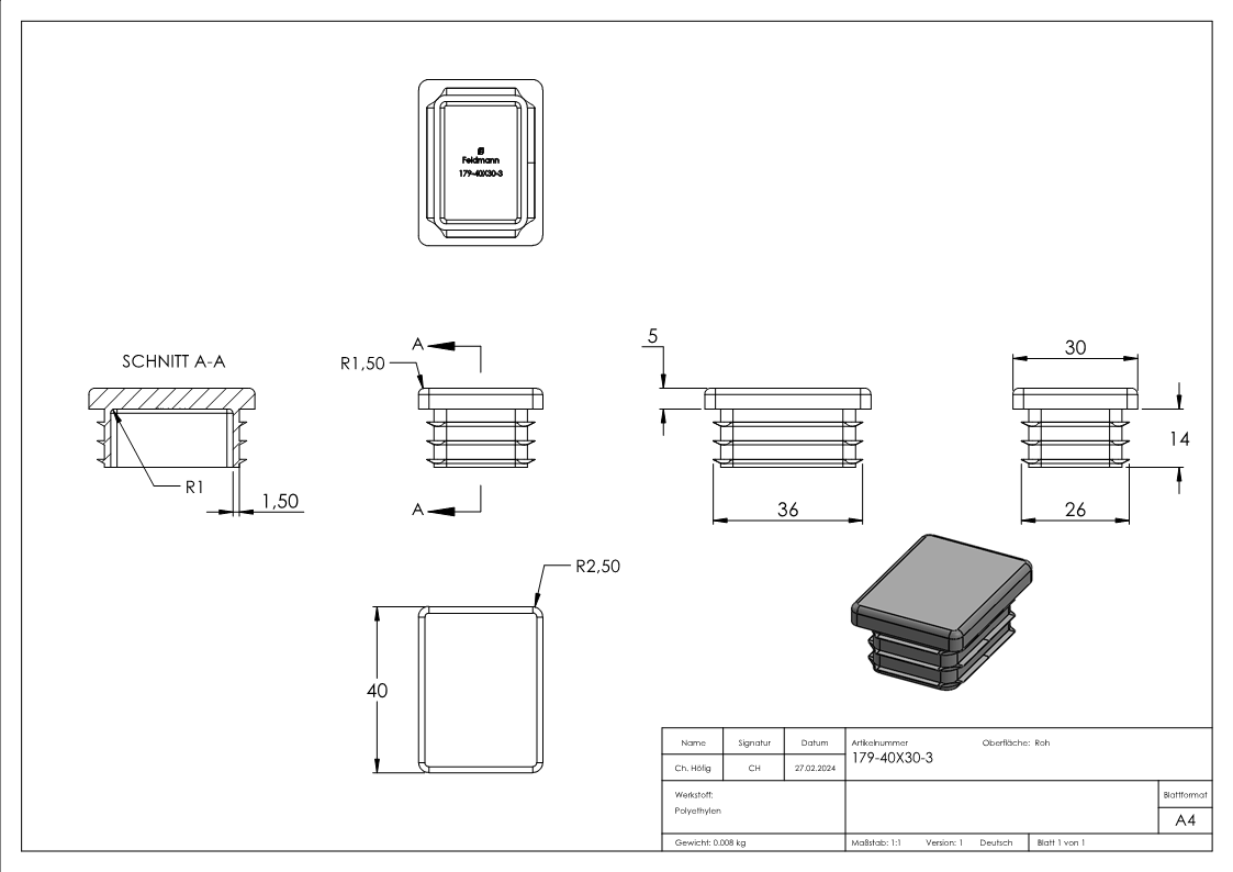 Bouchon en plastique pour tube rectangulaire 40x30mm