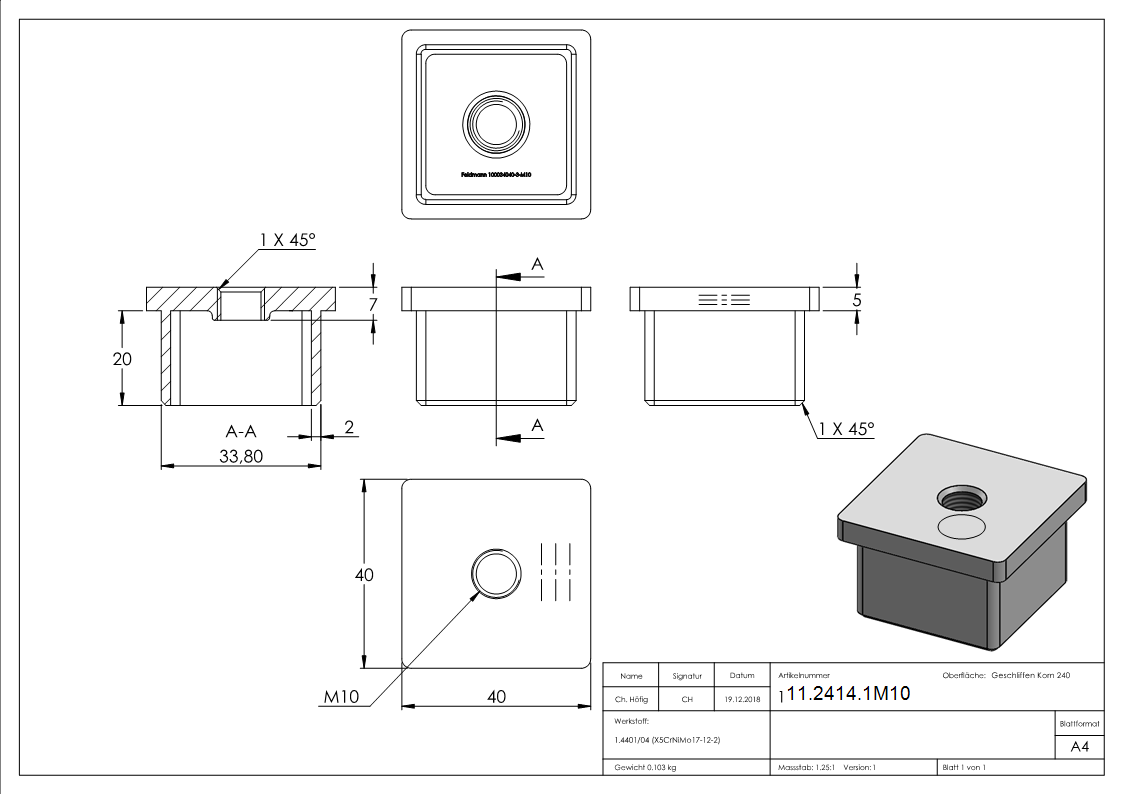 Bouchon enfichable V4A avec M10 pour collage pour tube 40x40x3,0 mm