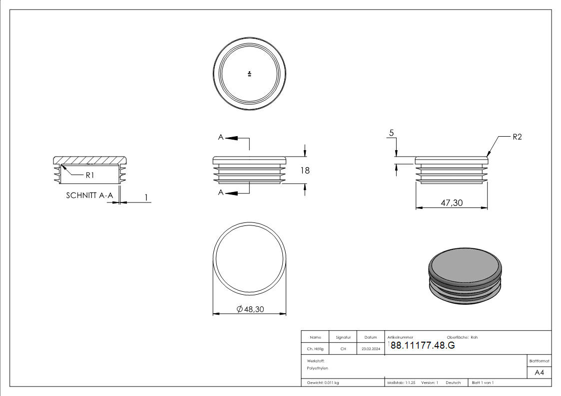 Capuchon en plastique pour tube rond 48.3mm