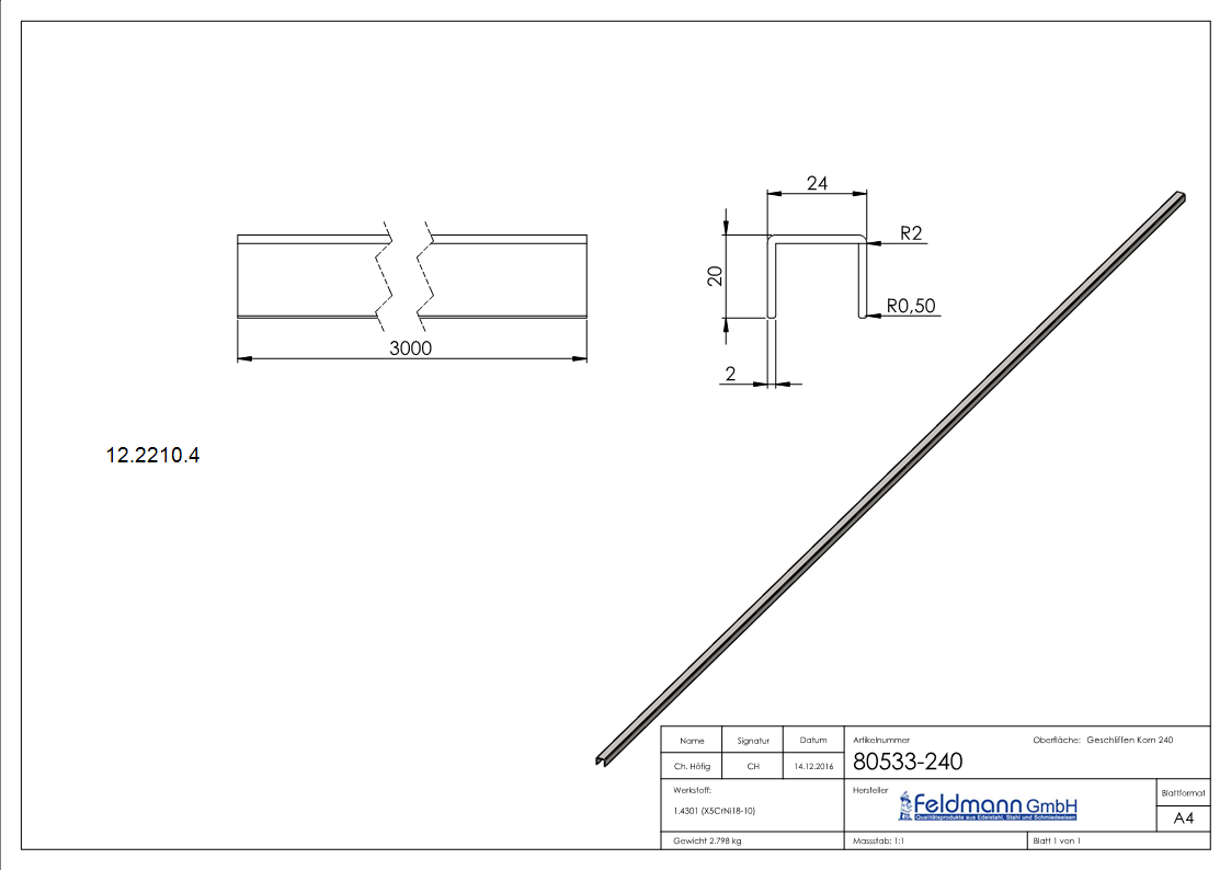 Protection des bords | Dimensions : 24x20x2 mm | Longueur : 3000 mm | V2A