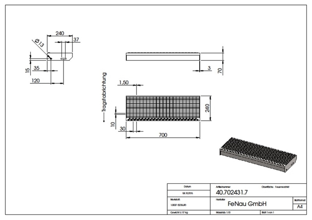 Marche en caillebotis Marche d'escalier | Dimensions : 700x240 mm 30/10 mm | S235JR (St37-2), galvanisé à chaud en bain complet