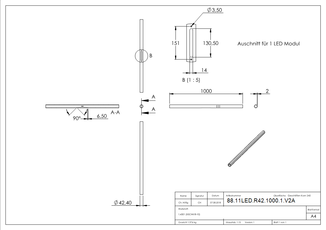 Tube en acier inoxydable 42,4 x 2,0 mm pour les modules LED