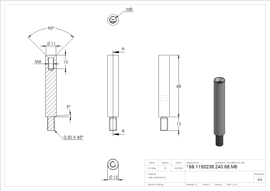 Broche Ø 12mm, longueur : 68mm, filetage intérieur M6, V2A