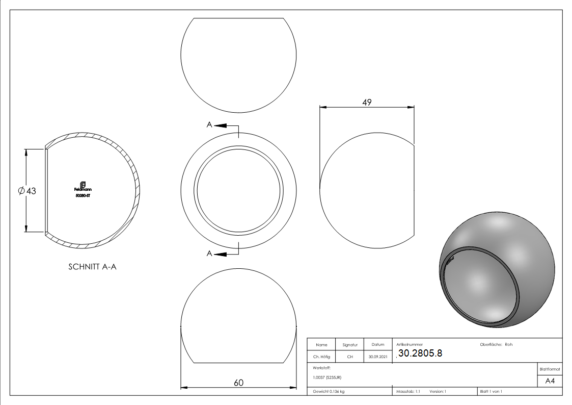 Boule d'extrémité Ø 60 mm | pour Ø 42.4 mm | acier S235JR, brut