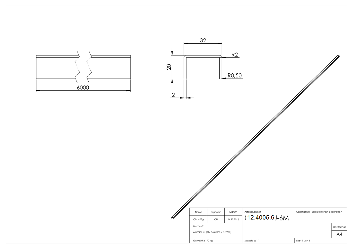 Profil en U | dimensions : 32x20x2 mm | longueur : 6000 mm | aluminium elox. E4/EV1