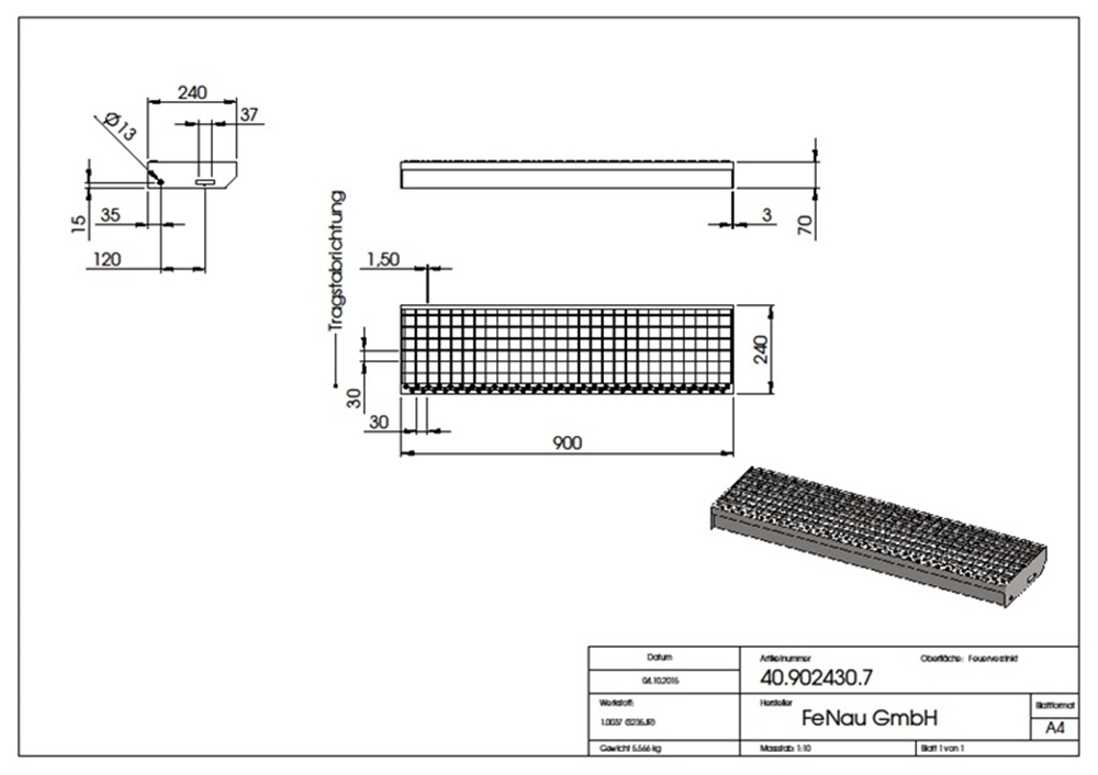 Marche en caillebotis Marche d'escalier | Dimensions : 900x240 mm 30/30 mm | S235JR (St37-2), galvanisé à chaud en bain complet