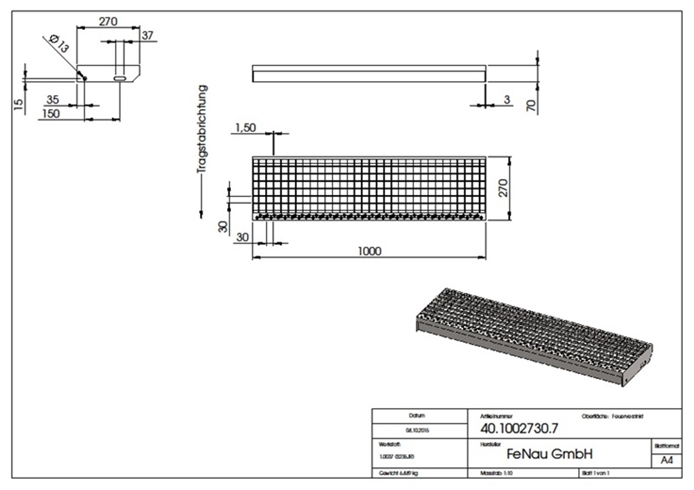 Marche en caillebotis Marche d'escalier | Dimensions : 1000x270 mm 30/30 mm | S235JR (St37-2), galvanisé à chaud en bain complet