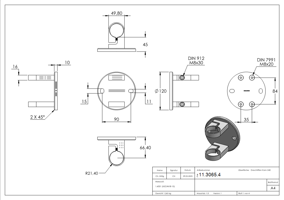 Fixation murale 120x10 mm pour le serrage d'un tube rond Ø 42,4 mm V2A
