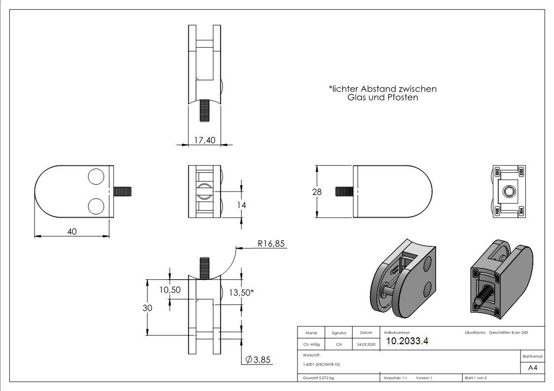Pince en verre | Dimensions : 40x28x17.4 mm | Connexion Ø 33.7 mm | V2A