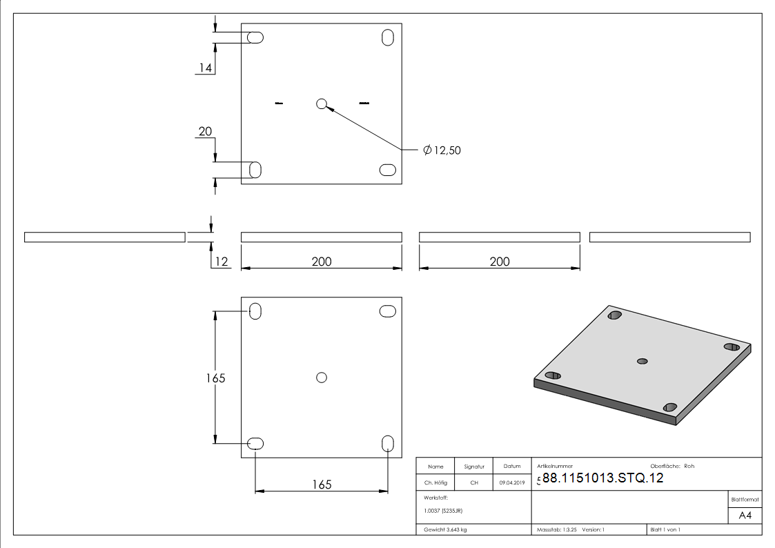 Plaque d'ancrage 200 x 200 x 12mm