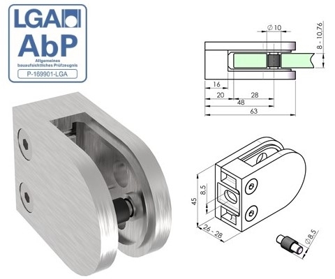 Pince à verre 63x45x28 mm V2A pour connexion plate | caoutchouc 8.00 mm verre
